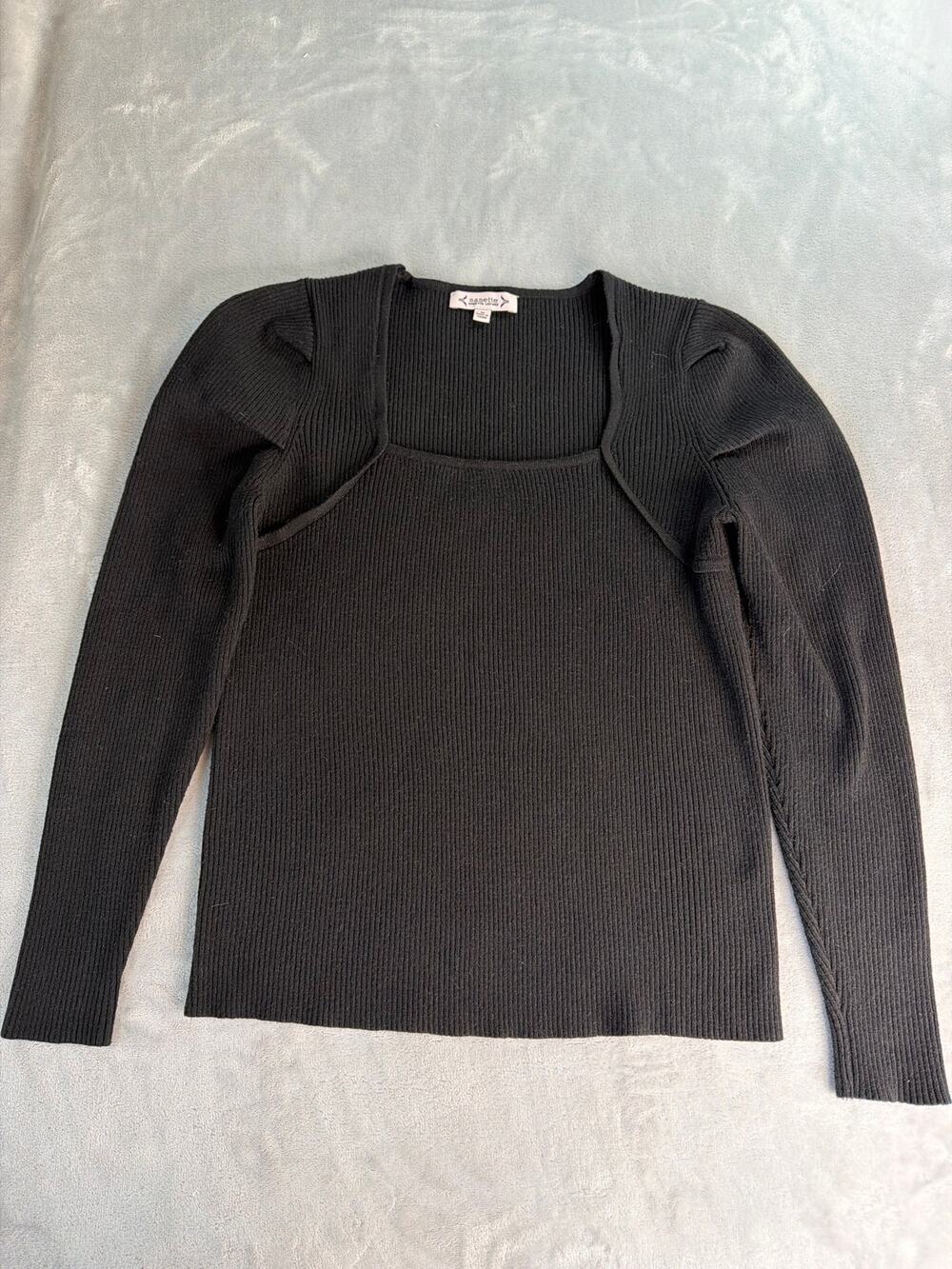 Nanette Lepore Sweater Womens Medium Black Ribbed Knit Square Neck Overlay LS